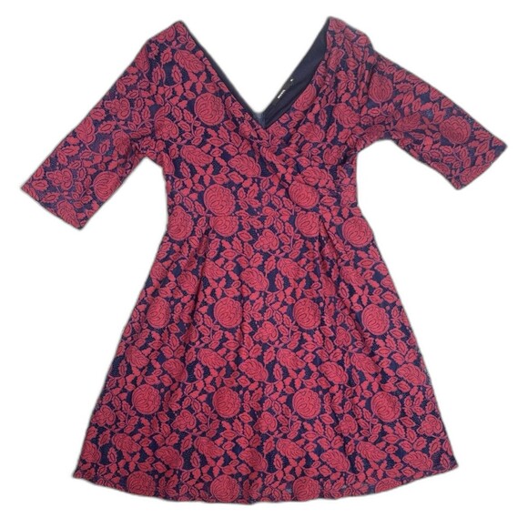 Miusol Red Floral Navy Underlay Lace Fit and Flare Dress Size XL Surplice Front - Picture 1 of 8